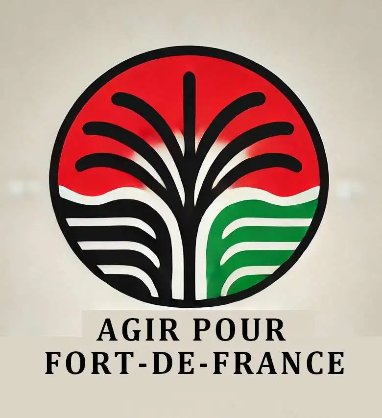 Logo officiel d'Agir pour Fort-de-France avec des éléments en rouge, vert et noir, représentant solidarité, nature et modernité.